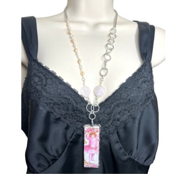 Handmade Vint Valentines Day Pendant Necklace w/ Pink Quartz & Freshwater Pearls - Picture 8 of 14